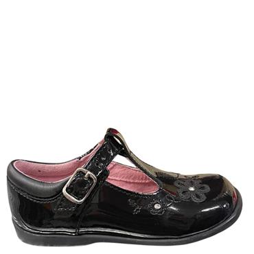 STARTRITE T/BAR FLOWER SHOE - BLACK PATENT
